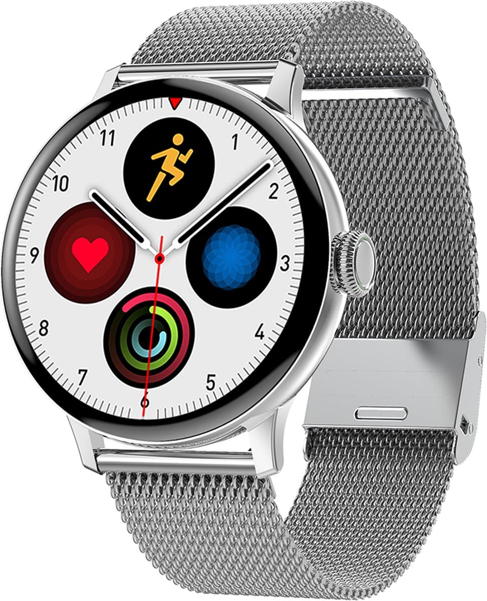 Belesy® NUMBER 2 - Smartwatch Heren – Smartwatch Dames - Horloge – Stappenteller – Calorieën - Hartslag – Sporten - Splitscreen - Kleurenscherm - Full Touch - Bluetooth Bellen – Staal – Milanees - Zilver - Moederdag — afbeelding 1
