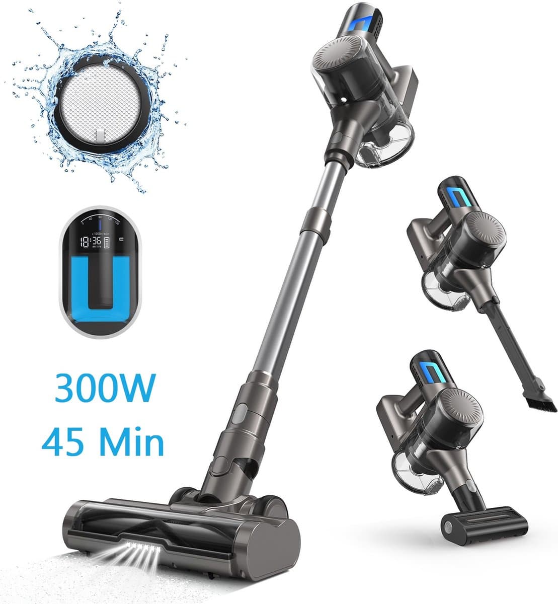 steelstofzuiger draadloos 300Watt stofzuiger met 5 verschillende opzetstukken stofzuiger zonder zak - Anti-klitten systeem TD1-C - (draadloze stofzuiger) 45Min — afbeelding 1