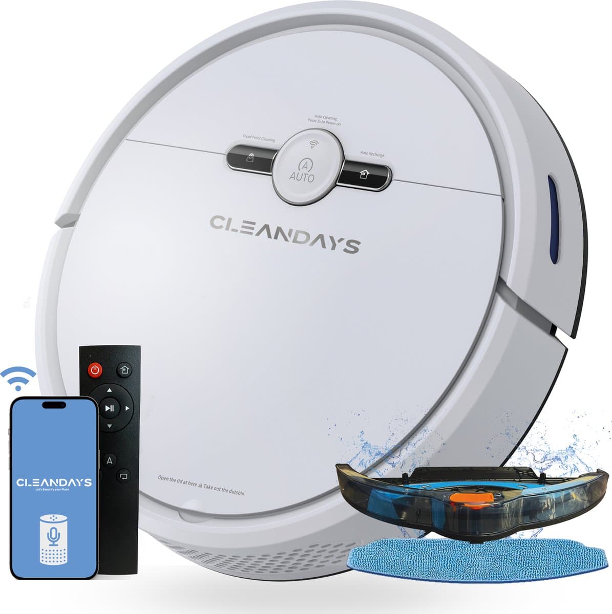 CleanDays Robotstofzuiger met dweilfunctie - Slimme navigatie - Dweilrobot - Robotstofzuiger met laadstation - Werkt met huisdieren - Inclusief Nederlandstalige app & afstandsbediening - D2-001 — afbeelding 1