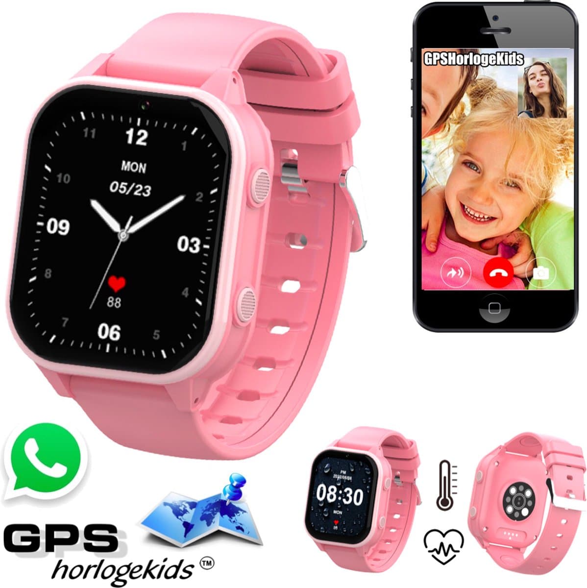GPSHorlogeKids© - GPS horloge kind - smartwatch kinderen - WhatsApp - 4G videobellen - spatwaterdicht - SOS alarm - meting hartslag & temperatuur - incl SIM - Edge Pro Roze — afbeelding 1