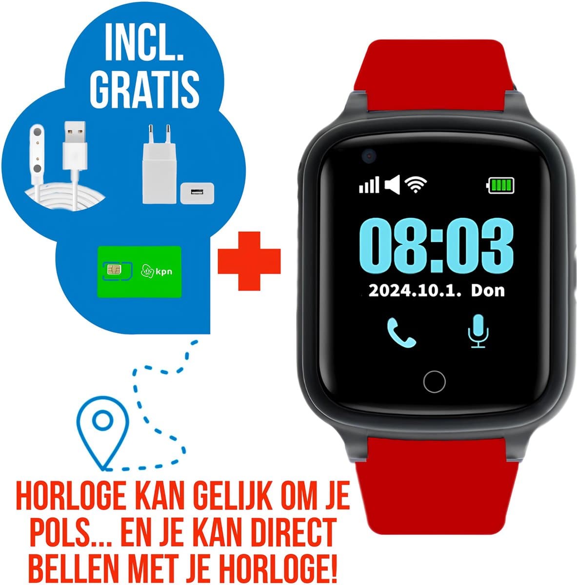 Wiesba WB73S - GPS Horloge Senior - Smartwatch voor Ouderen - Persoonlijke alarmen - alarm horloge ouderen - GPS Horloge Alzheimer - Valdetectie - Rood — afbeelding 1