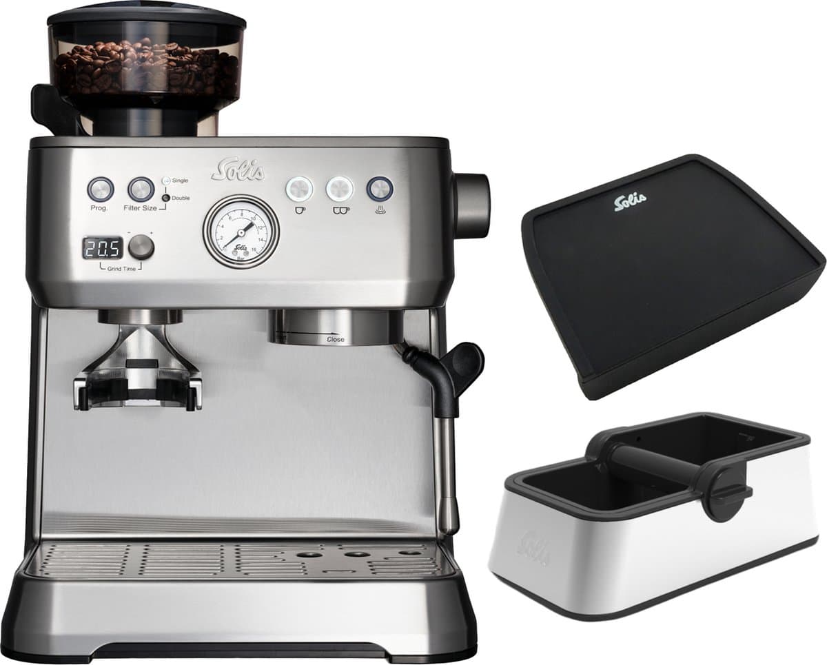 Solis Grind & Infuse Perfetta 1019 - Pistonmachine - Espressomachine met Koffiemolen - Inclusief Coffee Knock Box en Tamping Mat - Zilver — afbeelding 1