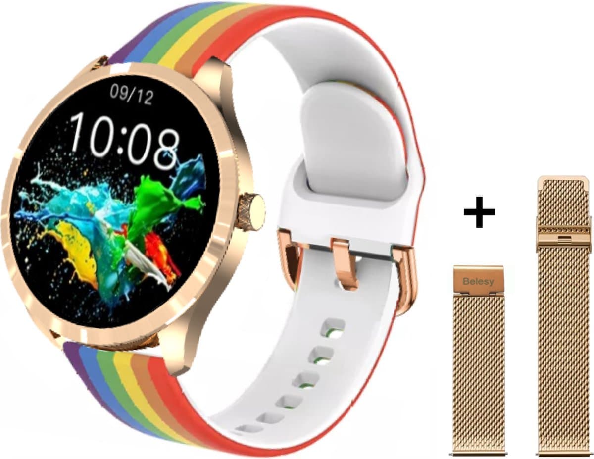 Belesy® BQSiRgRb PLUS - Smartwatch Dames – Smartwatch Heren - Horloge - 1.28 inch - Kleurenscherm - Stappenteller - Bloeddruk - Hartslag - 75+ Wijzerplaten – Sporten – Rose Goud – Milanees staal - Siliconen - Regenboog - Kerstcadeau — afbeelding 1