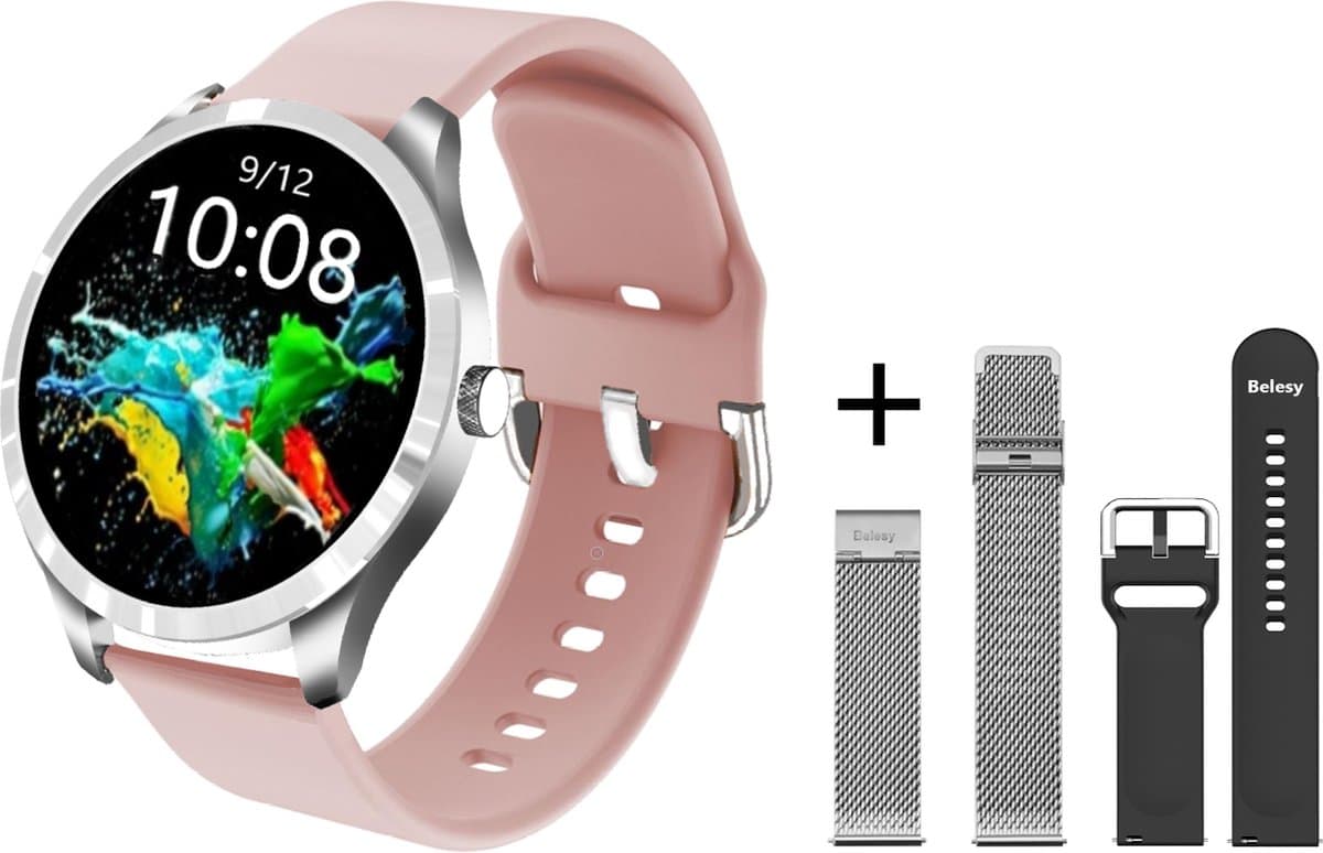 Belesy® BQSiRgPk Pro - Smartwatch Dames – Smartwatch Heren - Horloge - 1.28 inch - Kleurenscherm - Stappenteller - Bloeddruk - Hartslag - 75+ Wijzerplaten – Zilver – Siliconen – Roze – extra polsband Milanees Zilver extra polsband Zwart - Kerstcadeau — afbeelding 1