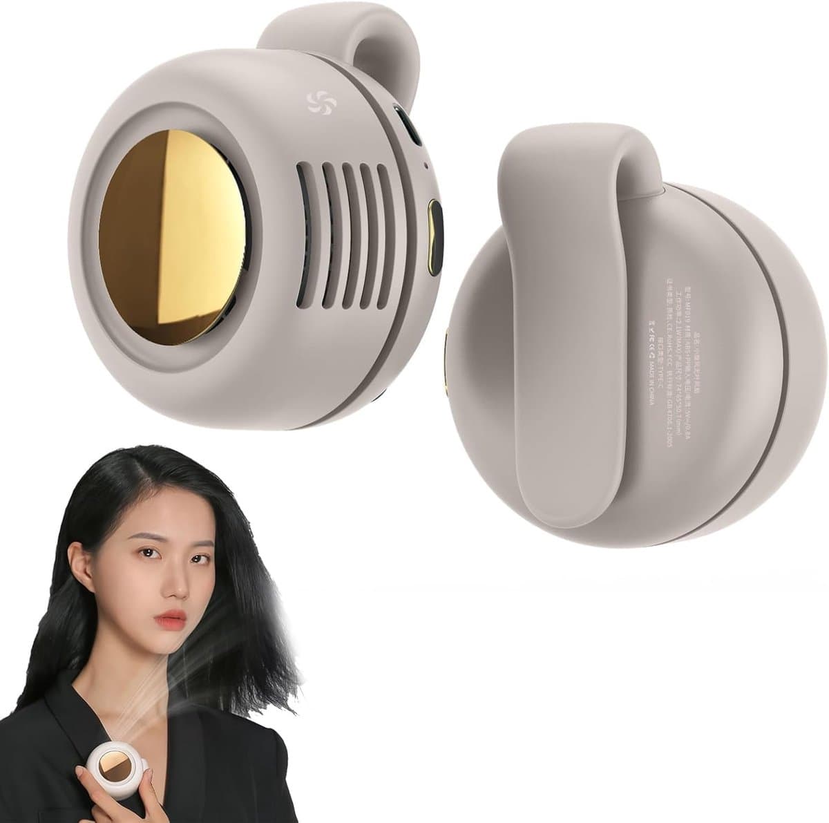 Miniventilator - Stille ventilator zonder bladen - Clipventilator - USB-oplaadbare ventilator - Draagbare clipventilator - Nekbandventilator - USB-oplaadbaar - Instelbare windsnelheid - Geschikt voor buiten, op reis en op kantoor - Beige — afbeelding 1