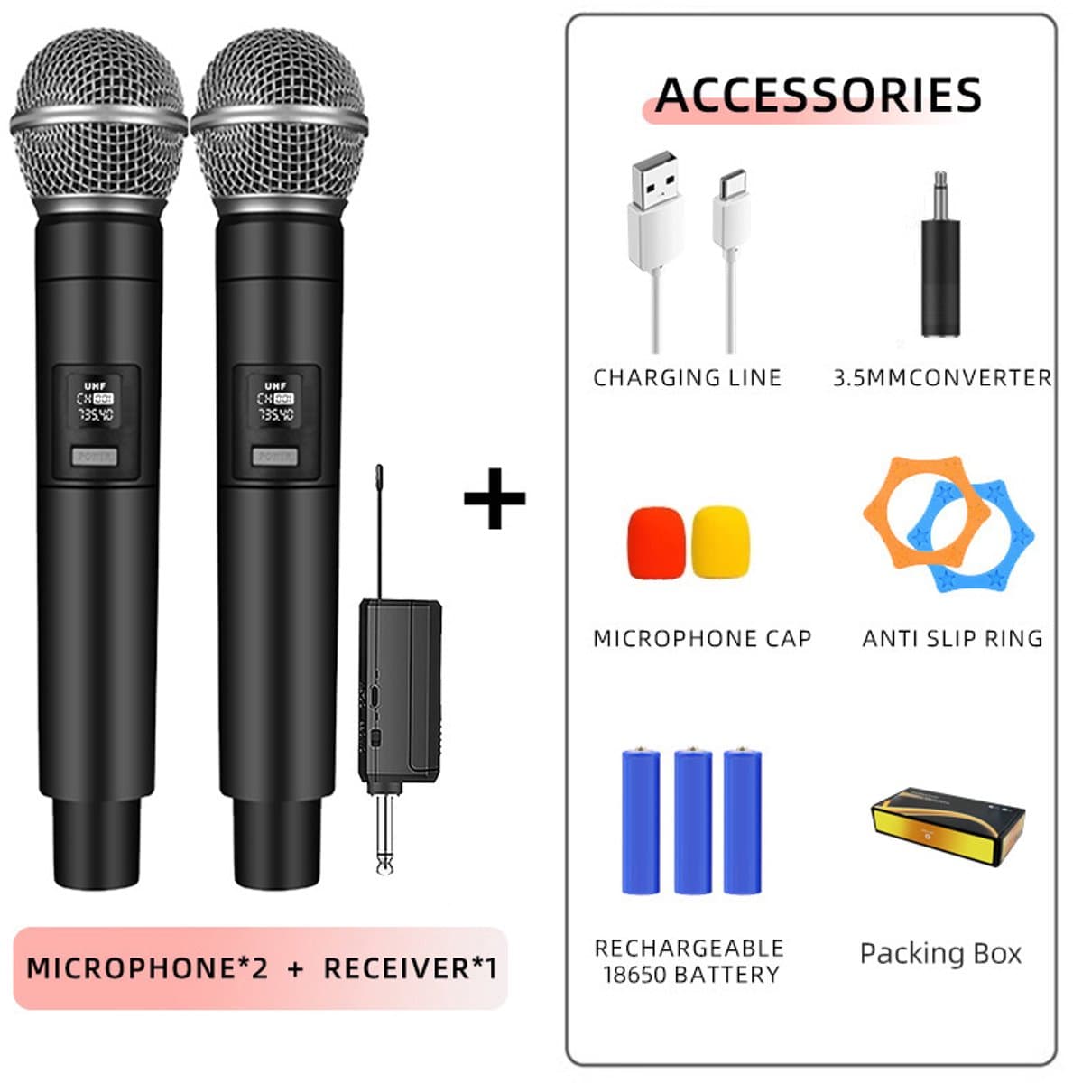 Draadloos microfoonsysteem voor 2 personen, 2.4G Dual Handheld Draadloos Metaal Dynamisch Microfoonsysteem met Oplaadbare Ontvanger, voor Karaoke Zingen, Bruiloft, DJ, Feest, Toespraak, Kerk — afbeelding 1