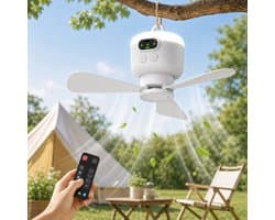 MUPOO Draadloze Plafondventilator camper met LED lamp & Afstandsbediening - 8000mAh Oplaadbaar - 4 Snelheden -Timer -Stille Motor & Afneembare Bladen - Ø27cm - Voor Camping, Tent, Caravan, Slaapkamer, Tuin, RV & Overkapping