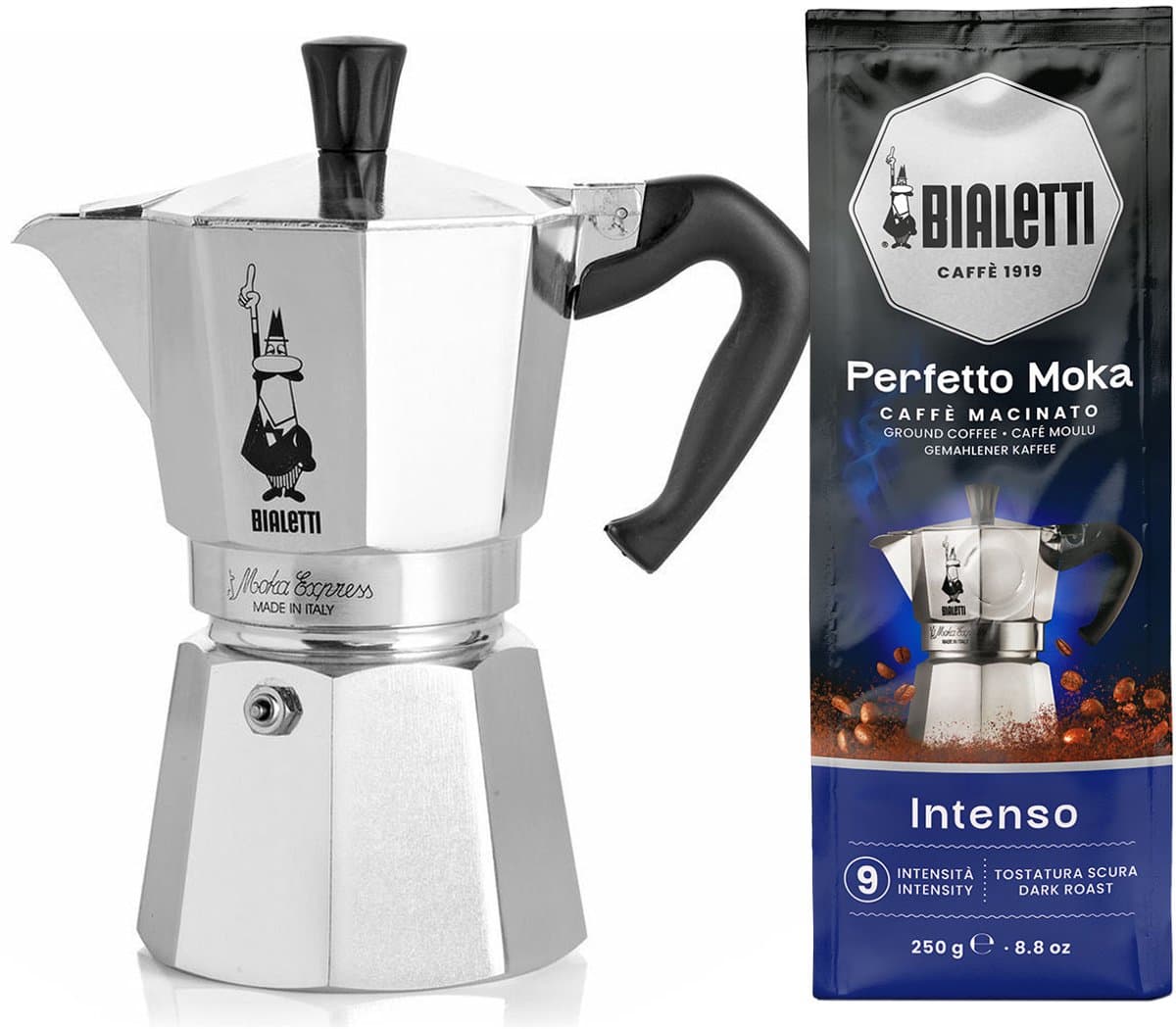 Bialetti Moka Express 3 kops + Bialetti Intenso gemalen koffie 250gr — afbeelding 1