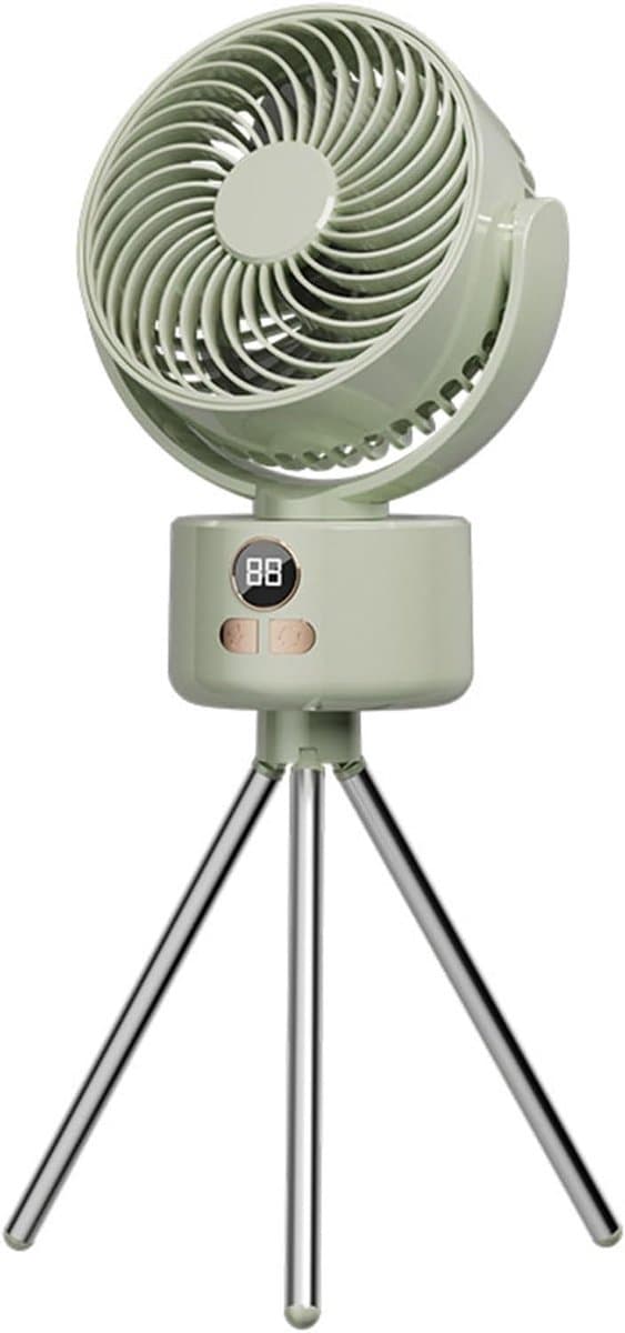 Oplaadbare campingventilator – Tafelventilator – Met afneembare standaard – Digitaal display – 3 snelheidsstanden – USB-opladen & driepootstandaard – Voor binnen en buiten – Lichtgewicht & draagbaar – Groen — afbeelding 1