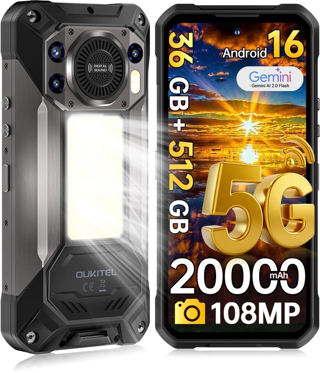OUKITEL WP61 Rugged Smartphone 5G - 36GB RAM - 512GB ROM - 6,78 inch FHD+ 120Hz - 20000mAh 45W - 108 + 32MP Camera, met Nachtzicht - Android 16 - 120 LM Kampeerlamp - 130 dB Luidspreker - IP68/IP69K Outdoor telefoon - NFC GPS OTG - 2026 nieuw - Zwart — afbeelding 1