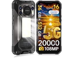OUKITEL WP61 Rugged Smartphone 5G - 36GB RAM - 512GB ROM - 6,78 inch FHD+ 120Hz - 20000mAh 45W - 108 + 32MP Camera, met Nachtzicht - Android 16 - 120 LM Kampeerlamp - 130 dB Luidspreker - IP68/IP69K Outdoor telefoon - NFC GPS OTG - 2026 nieuw - Zwart