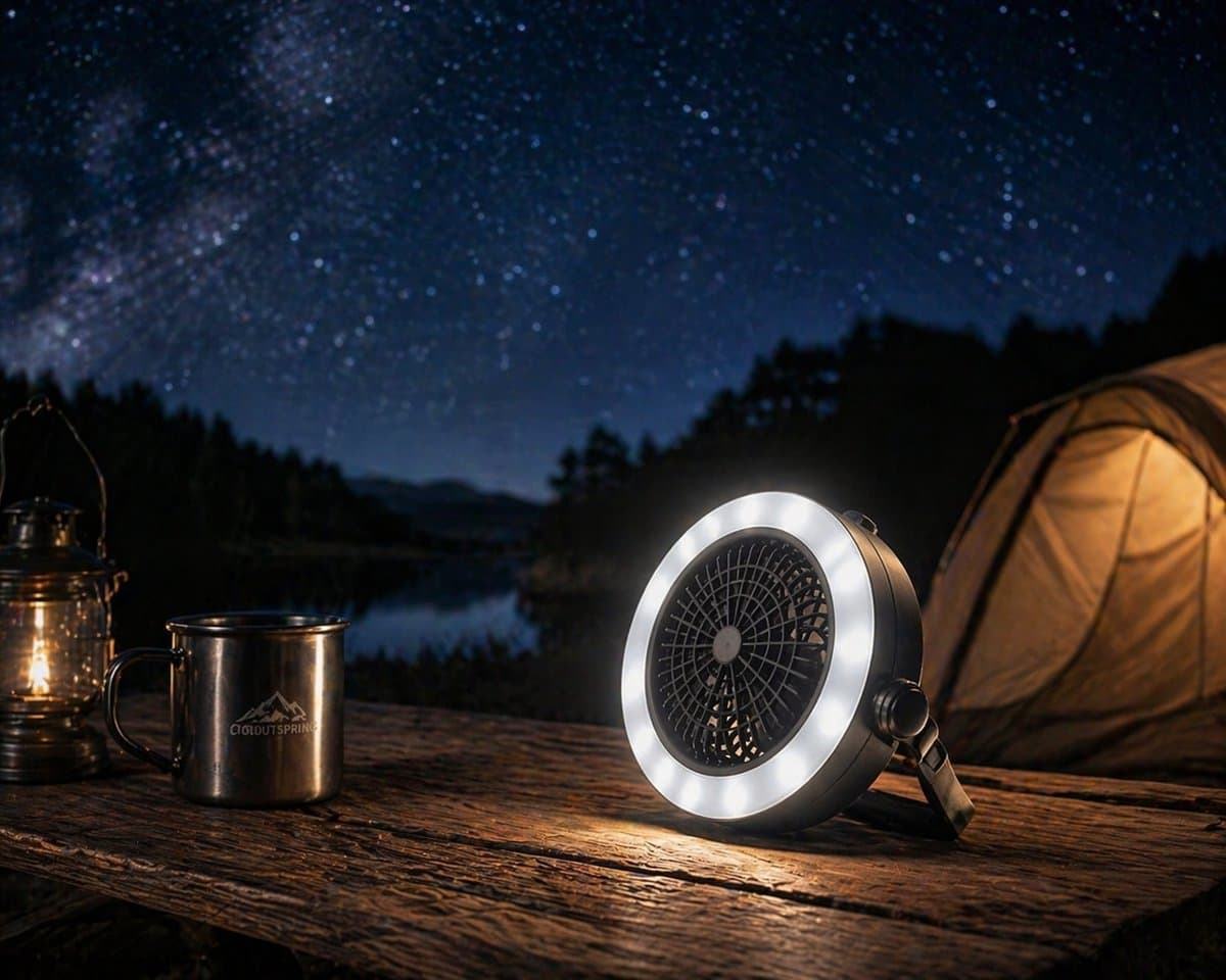LED Camping lamp en ventilator - Draagbaar - Plafondventilator - Tentventilator - Op batterij (3xAA) - Wit licht — afbeelding 1