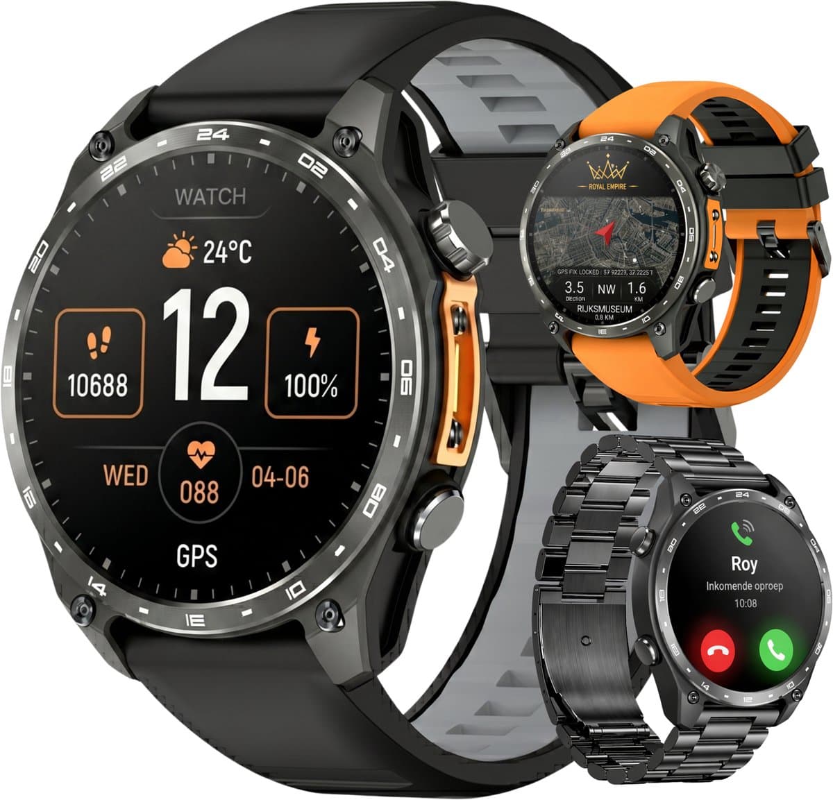 Royal Empire HD Pro GPS Smartwatch Heren - AMOLED Smartwatch met Ingebouwde GPS & Belfunctie - 100+ Sportmodi, Kompas & Zaklamp - Hartslagmeter, Slaapmonitor & SpO2 Meter - Inclusief 3 Bandjes - 1.43 Inch - Zwart — afbeelding 1