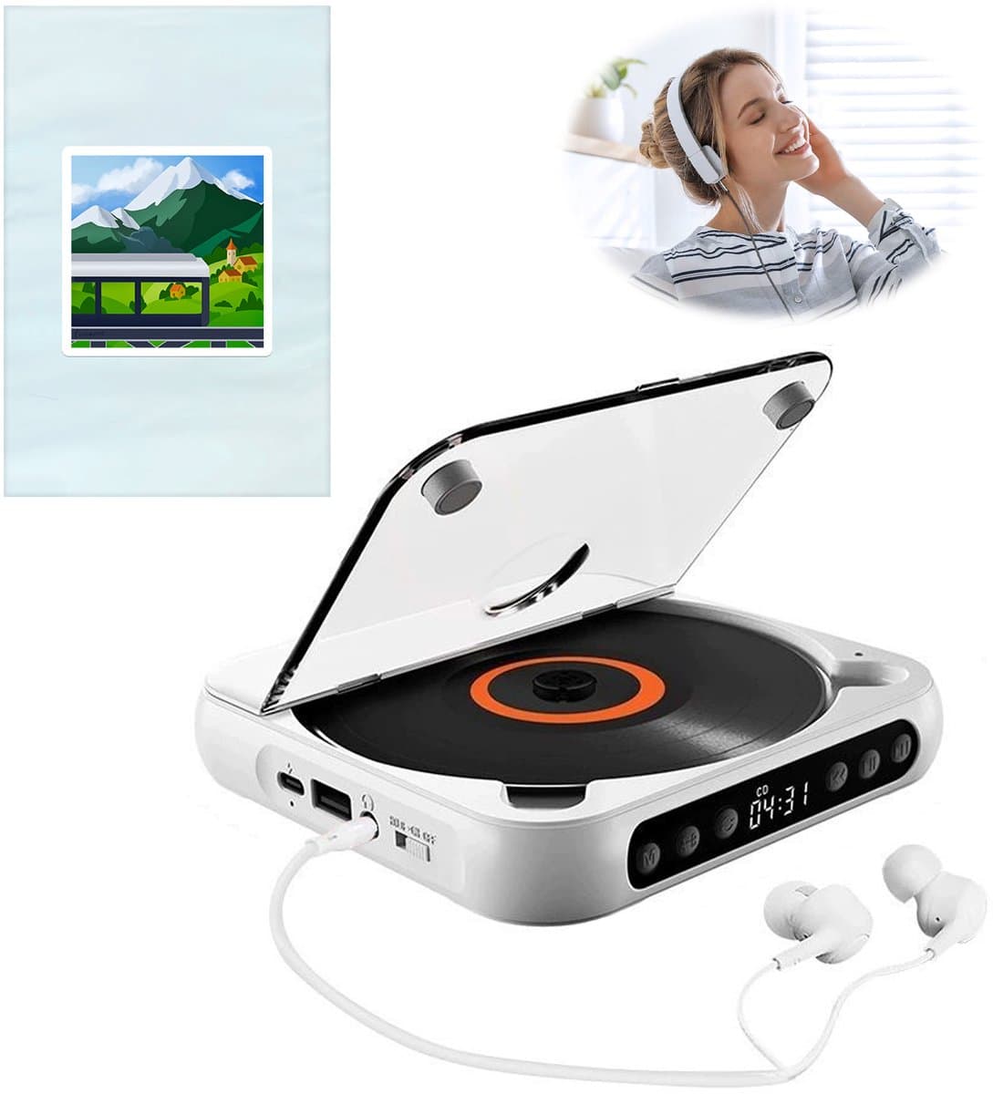 Bluetooth CD-speler - Draagbare CD-speler - Hi-Fi Geluidskwaliteit - 2000mAh Oplaadbare Batterij - 6 Uur Speeltijd - 2.4GHz Bluetooth - Met Anti-schok Technologie - Lichtgewicht 280g - Wit — afbeelding 1