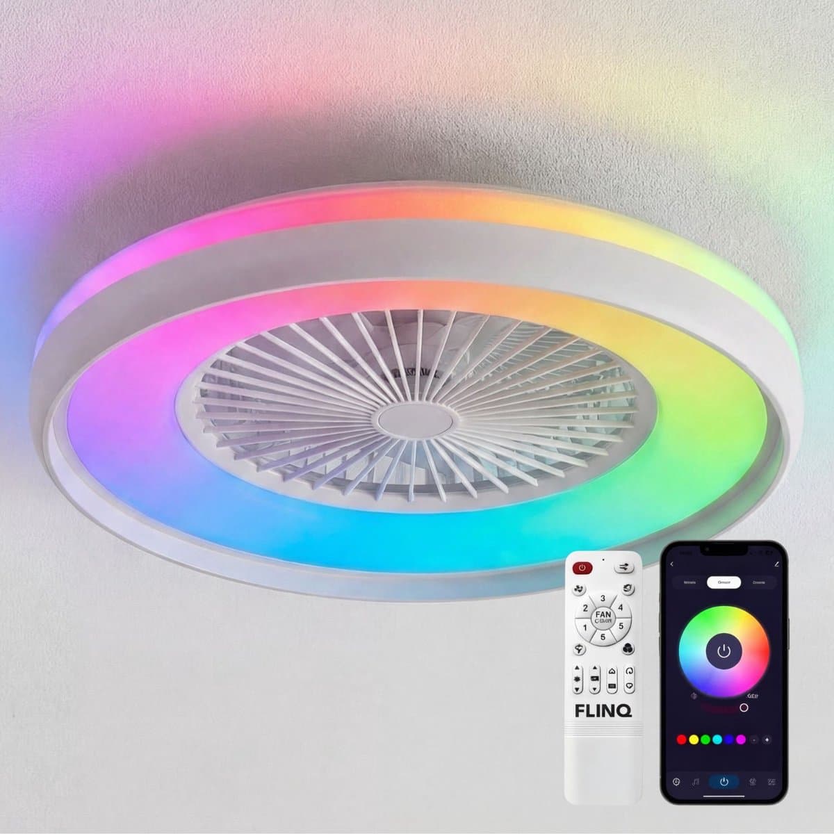FlinQ LumiFan XL Ø60 cm Smart Plafondventilator met Verlichting - Lamp met 16 Miljoen Kleuren - Ventilator voor aan het Plafond - Ideaal voor op de Slaapkamer - Bestuurbaar met App of Afstandsbediening — afbeelding 1