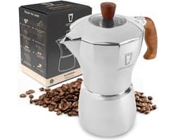 Leonomics Percolator 300 ml 6 Koffiekopjes – Aluminium Moka Pot – Espressomaker met houten handvat en vitrinedeksel