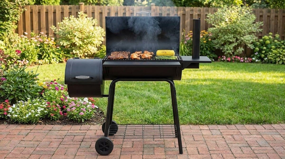 Houtskoolbarbecue House&Garden Smoker Pro XXL – BBQ Grillwagen met Deksel, Rookoven, Thermometer & Zijtafels – Grote Houtskool Grill Smoker voor Buiten – Verrijdbare Barbecue Grill met Schoorsteen – 147x126x126 cm – Zwart — afbeelding 1