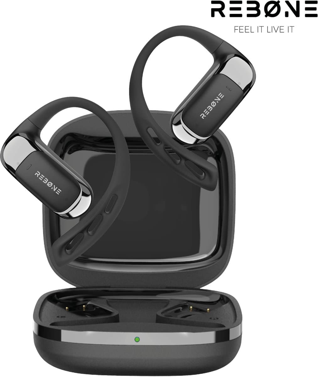 REBØNE® AERO Sport Oortjes - Oordopjes Draadloos - Bone Conduction Headphone - Open ear - Earbuds Wireless - Draadloze Koptelefoons - Bluetooth Koptelefoon - USB C - Waterdicht - Zwart / Zilver — afbeelding 1