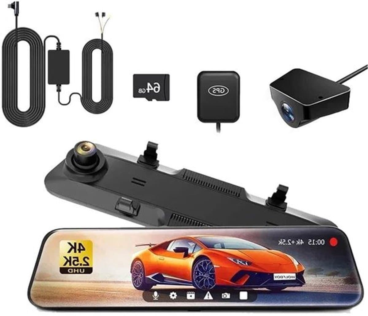 Dashcam Spiegel - Dashcam voor Auto – 12" - Touchscreen – 2.5K Achtercamera – GPS – Nachtzicht – Parkeermodus – WDR – 170° Groothoek - Hardwire-kit — afbeelding 1