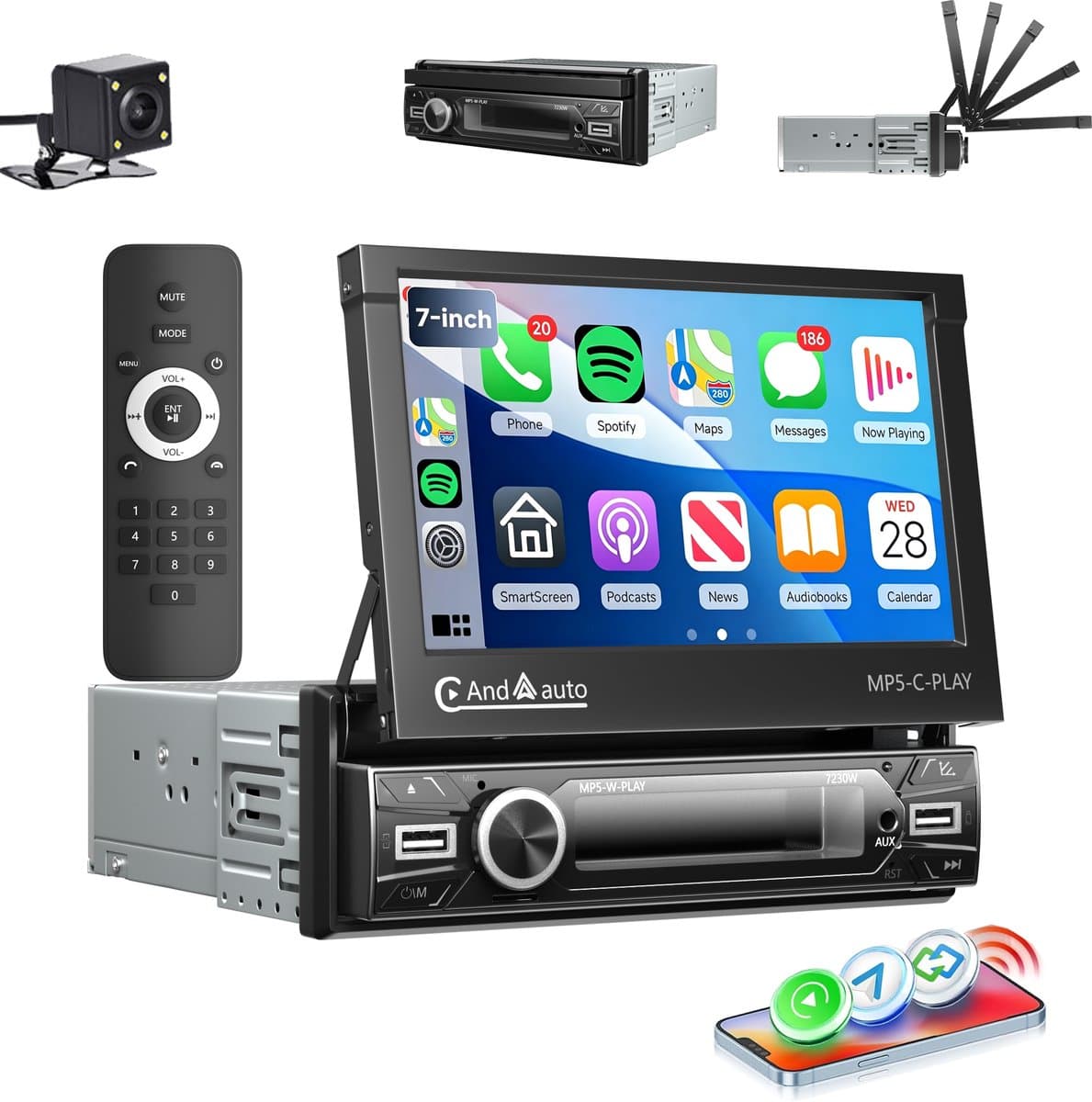 ESSGOO 1Din Autoradio - 7 Inch IPS HD Elektrisch Klapscherm - Apple Carplay & Android Auto (Draadloos) - Bluetooth, Aux, USB, SD & MP5 - Achteruitrijcamera — afbeelding 1