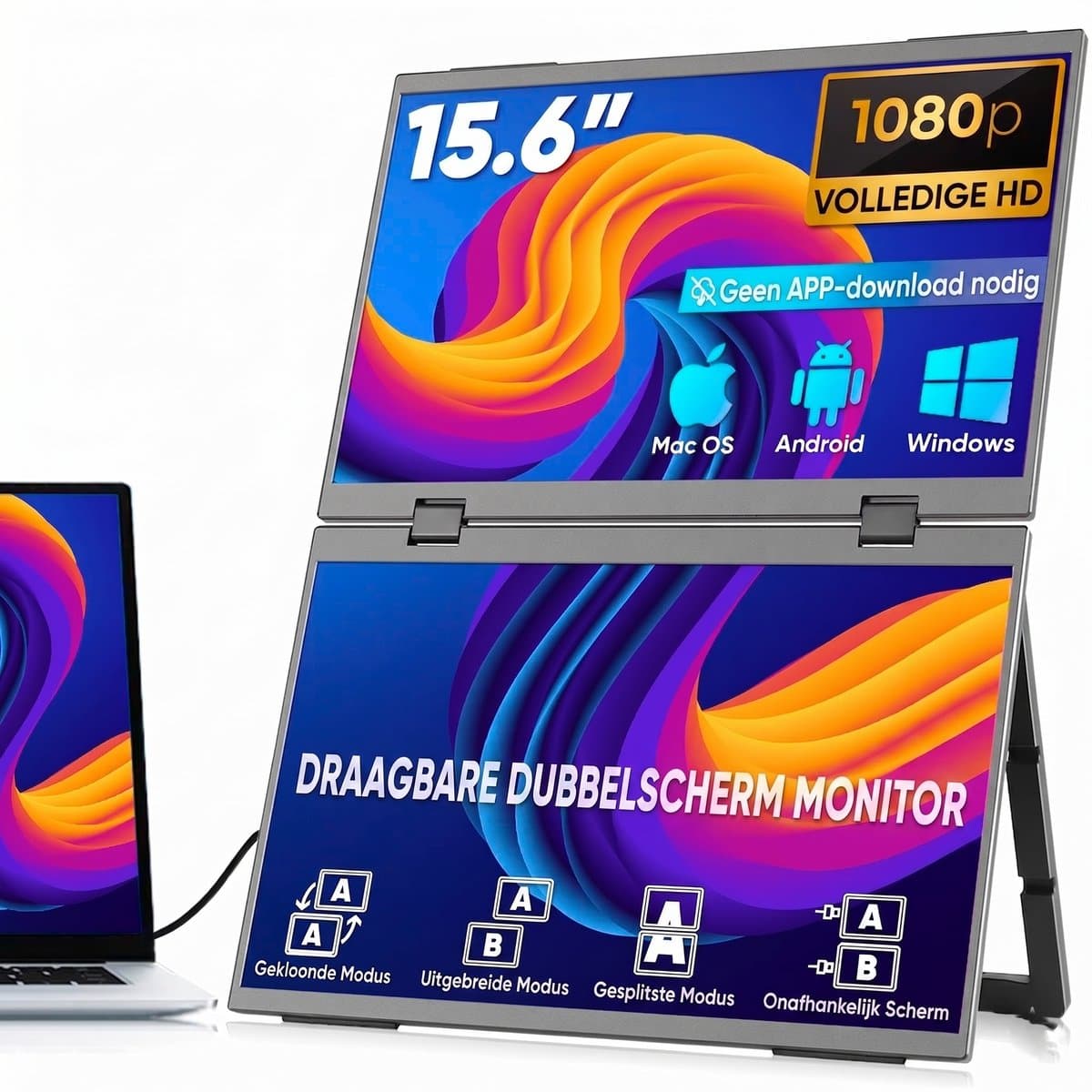 Draagbare Monitor - Folding Dual Display 15.6 Inch - Full HD 1080P - Dubbel Scherm voor Laptop & PC - Ingebouwde Stand & VESA - IPS 60Hz - USB-C & HDMI - Productivity Monitor — afbeelding 1