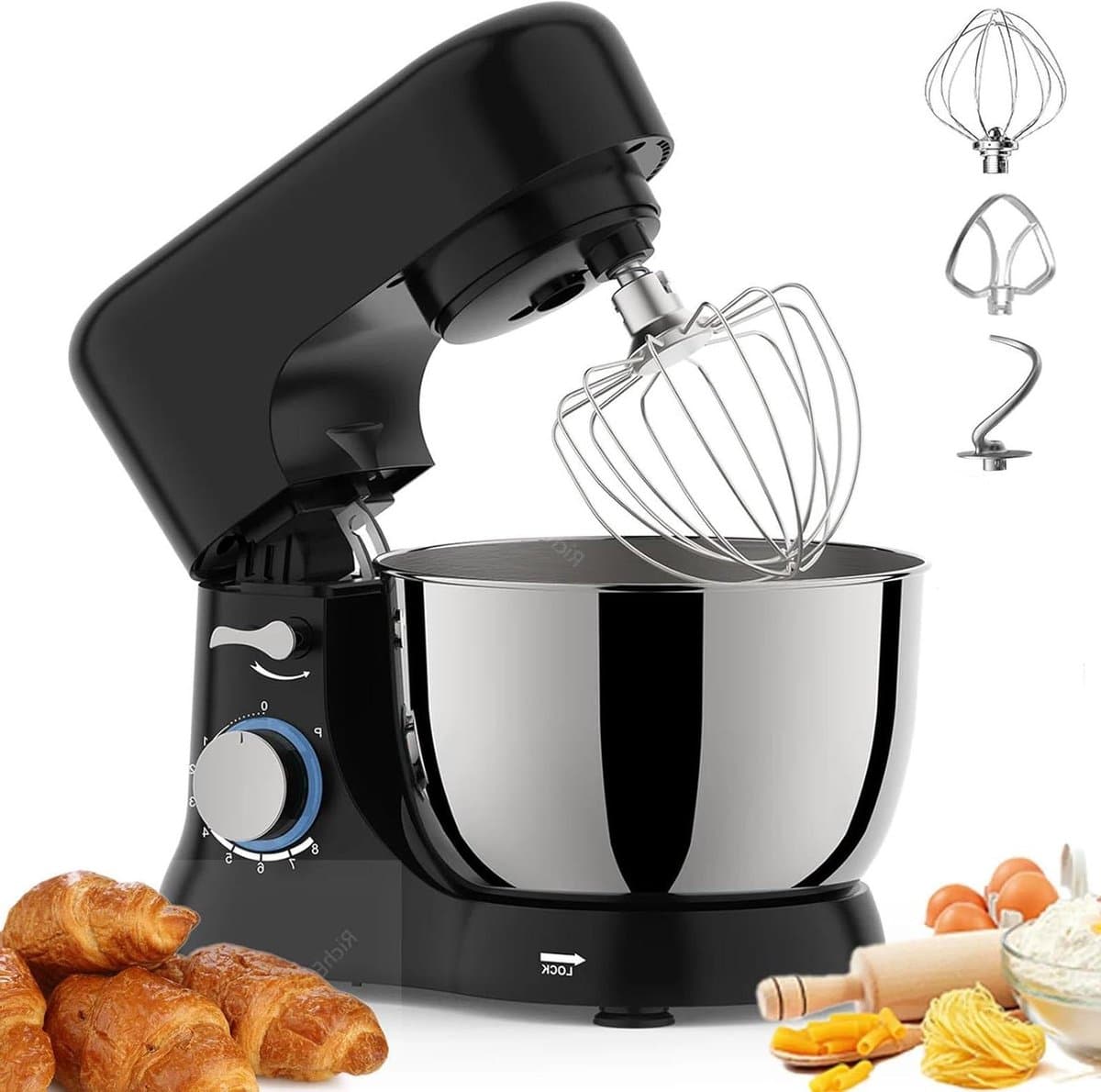 Staande mixer, keuken elektrische mixer met 4,5 Qt kom, 6+ snelheden, 1300W, inclusief deeghaak, platte klopper en draadgarde voor thuis koken — afbeelding 1