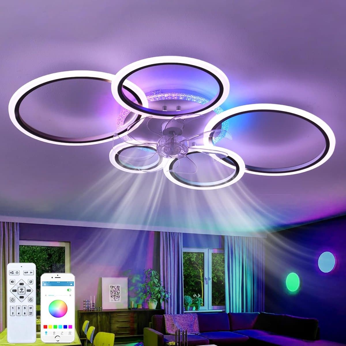 LuxiLamps - 5 Ringen Plafondventilator - RGB - 6 Snelheden - Zwart - Dimbaar Met Afstandsbediening - 12 Kleuren - Moderne Cirkel Ventilator Licht — afbeelding 1