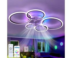 LuxiLamps - 5 Ringen Plafondventilator - RGB - 6 Snelheden - Zwart - Dimbaar Met Afstandsbediening - 12 Kleuren - Moderne Cirkel Ventilator Licht