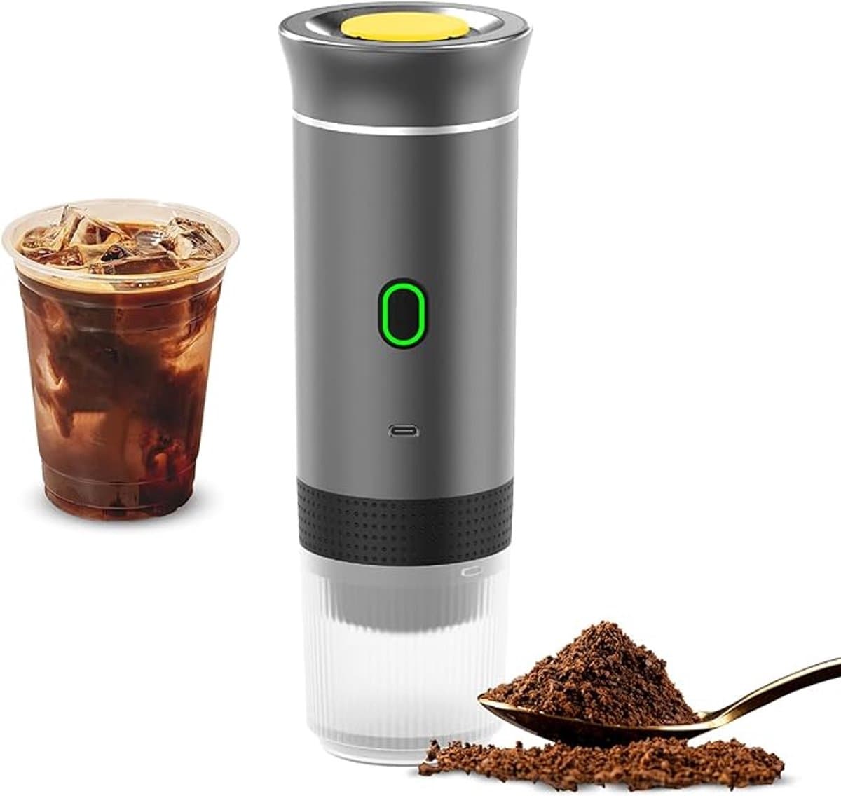 Donkergrijze draadloze koffiemachine voor in de auto, thuis en op reis, 3-in-1 elektrische koffiemachine, geschikt voor capsules of gemalen koffie, mini-koffiemachine met 15 bar druk voor koud en warm koffiezetten, kop met een inhoud van 150 ml. — afbeelding 1