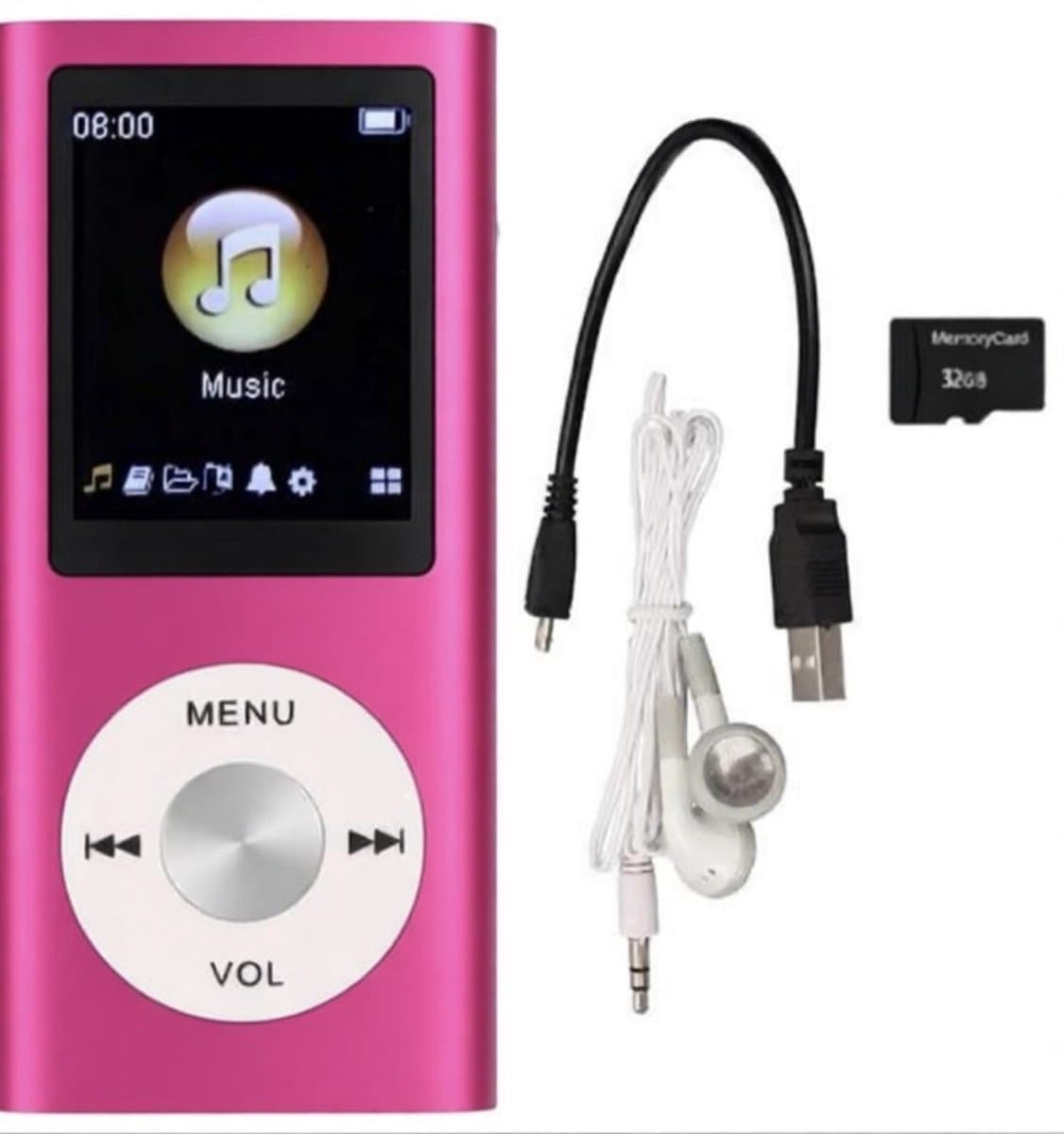 MP3 Speler - Bluetooth - Incl. 32GB SD Kaart - USB - Shuffle - Incl. Oordopjes - Voice recorder - Dictafoon - Draagbaar - Luidsprekers met verliesvrije geluidskwaliteit - Ideaal voor Sport, Kinderen en Volwassenen - roze — afbeelding 1