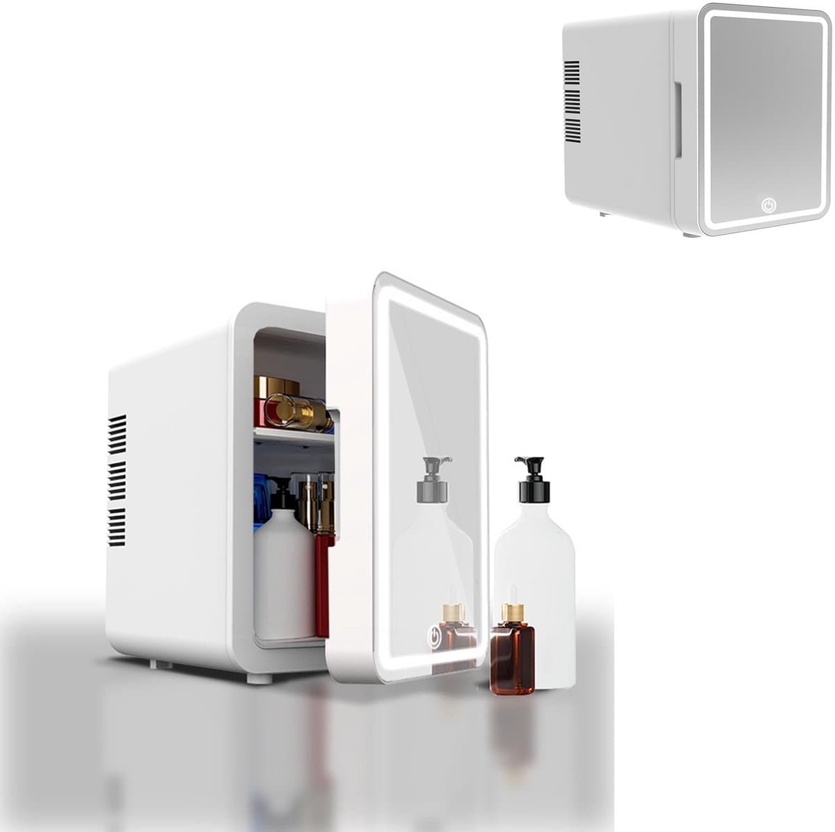 KZQ Witte Draagbare Mini Koelkast voor Skincare Beauty Cosmetica Make-up 4 Liter Thermo Elektrisch Koelen en Warm Huidverzorgings Koelkast met Gespiegelde Deur en Dimbaar LED Licht — afbeelding 1