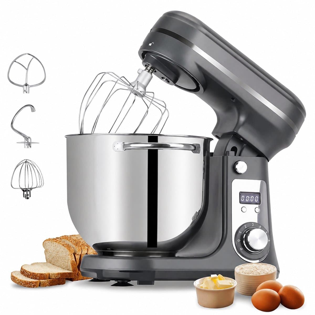 Novari Keukenmixer - Keukenmachine - Keukenrobot - Deegkneder - 1200W motor - 6 snelheden - Stille werking - 6 liter kom - Grijs — afbeelding 1