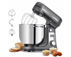 Novari Keukenmixer - Keukenmachine - Keukenrobot - Deegkneder - 1200W motor - 6 snelheden - Stille werking - 6 liter kom - Grijs