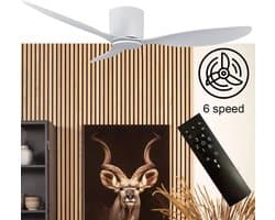 Plafondventilator Brezza 3 blad 132 cm wit - stilste ventilator 2026 – top kwaliteit - energie zuinig – met remote - ventilator voor laag plafond - 6 snelheden – beste alternatief voor airco - zomer en winter stand – witte ventilator