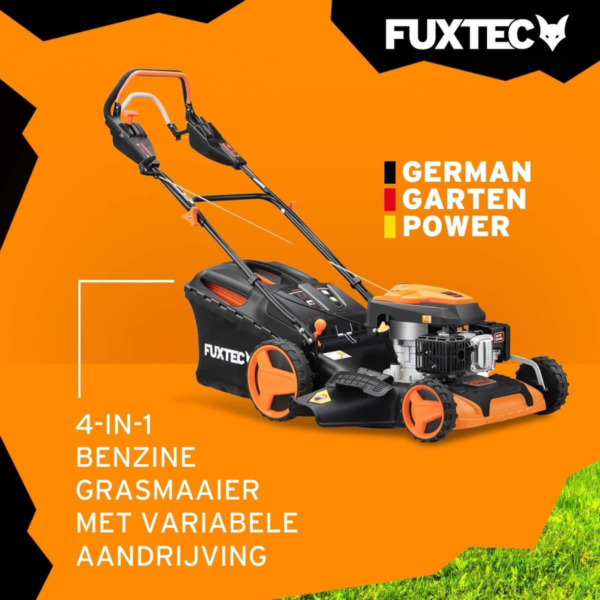 FUXTEC 4-in-1 Benzine Grasmaaier FX-RM5196PRO – 6 pk (4,4 kW) – 51 cm Maaibreedte – Flexibele Aandrijving – 4-Takt – Maaihoogte 25–75 mm – 60 L Grasopvangbak – Mulchen & Zij-uitworp — afbeelding 1