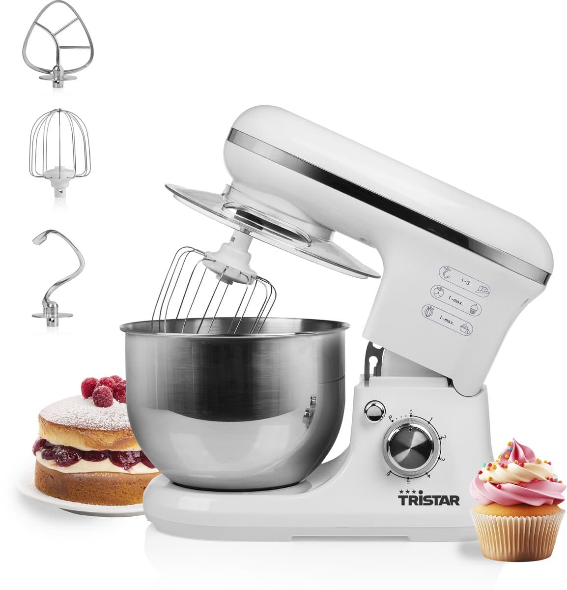 Tristar Keukenmachine MX-4817 - Keukenmixer met mengkom 5 Liter - Inclusief 3 deeghaken - Keukenrobot - 6 Programma's - Vaatwasbestendig - 1200 watt - Wit — afbeelding 1