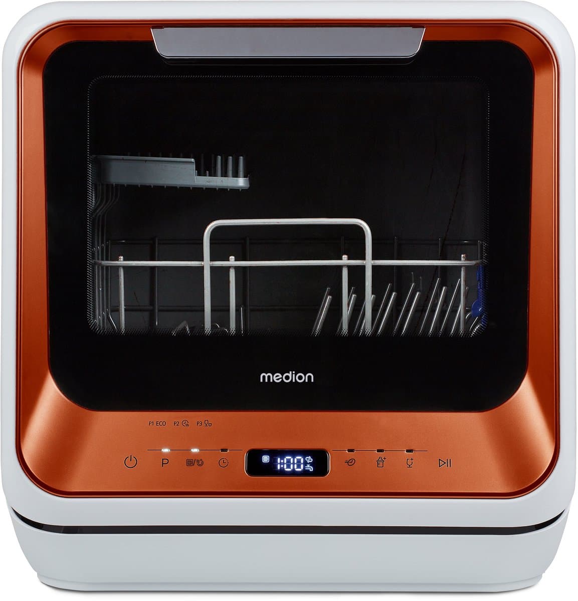 MEDION Mini vaatwasser DWT20 (tafelvaatwasser, 2 couverts, werkt met/zonder wateraansluiting, 6 programma’s, babyflessen, starttijdkeuze, vrijstaand), brons — afbeelding 1