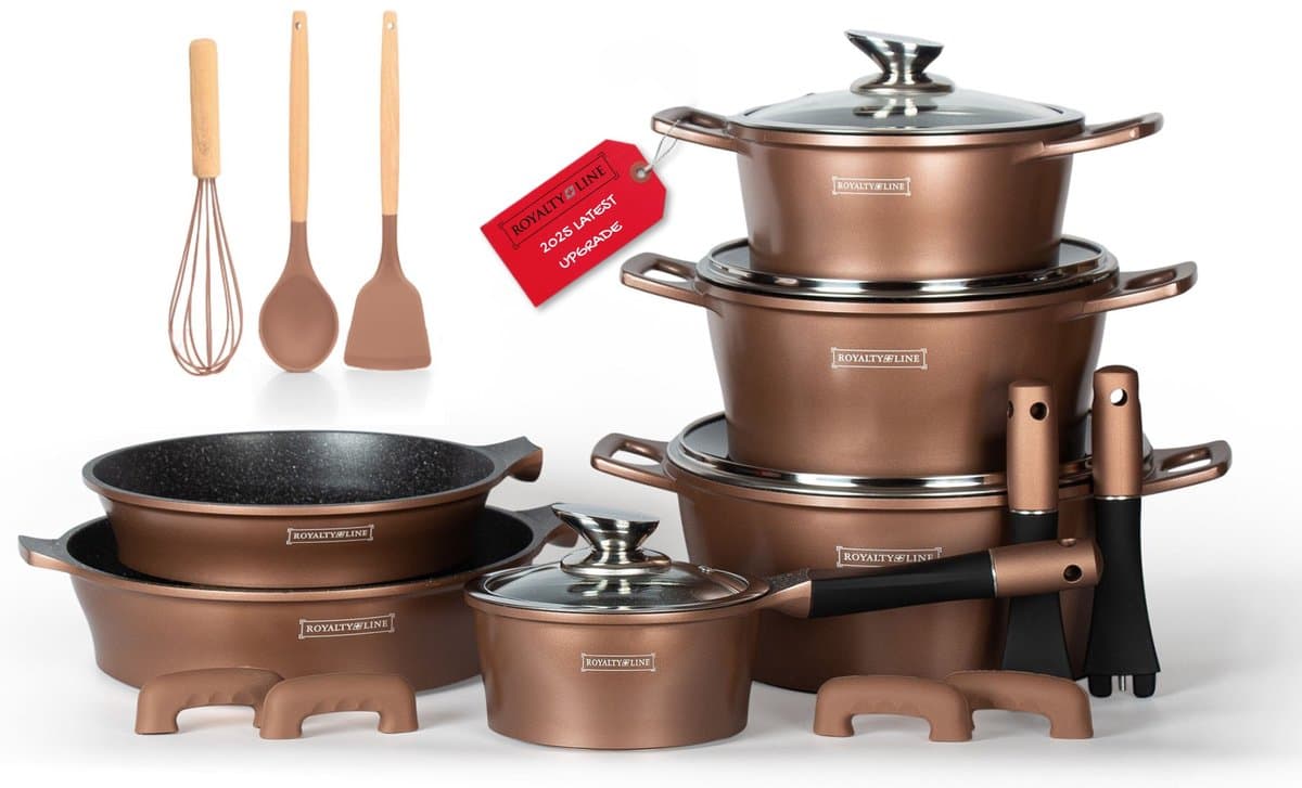 Royalty Line® ES1014 Pannenset Inductie - 17 Delige Pannensets - Pan Met Afneembare Handvaten - Oven Bestendig - Pannen Voor Alle Warmtebronnen - Antiaanbaklaag - Koper — afbeelding 1