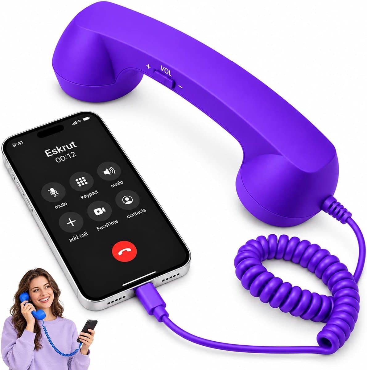 Retro Telefoonhoorn - Geschikt voor Smartphones met USB-C - Bedrade Vintage Handset - Plug & Play - Met Microfoon & Luidspreker - Voor Bellen, Videobellen & Thuiswerk - Paars — afbeelding 1