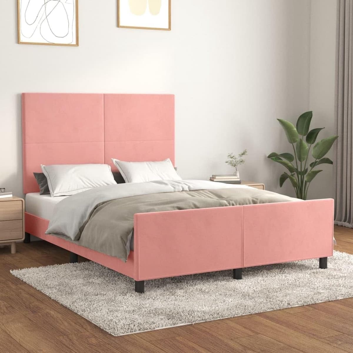 Bedframe met hoofdeinde, roze, 140 x 200 cm, fluweel, hotelbedframe, logeerkamer, bedframe voor slaapkamer, familiebed, voor slaapkamer, hotel, logeerkamer — afbeelding 1