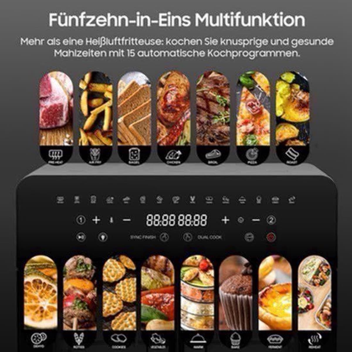 Airfryer – Heteluchtfriteuse – Friteuse – Heteluchtoven – Gezond Koken – 23L XXL Inhoud – Dual-Zone Met Koekprogramma’s & Verlichting — afbeelding 1