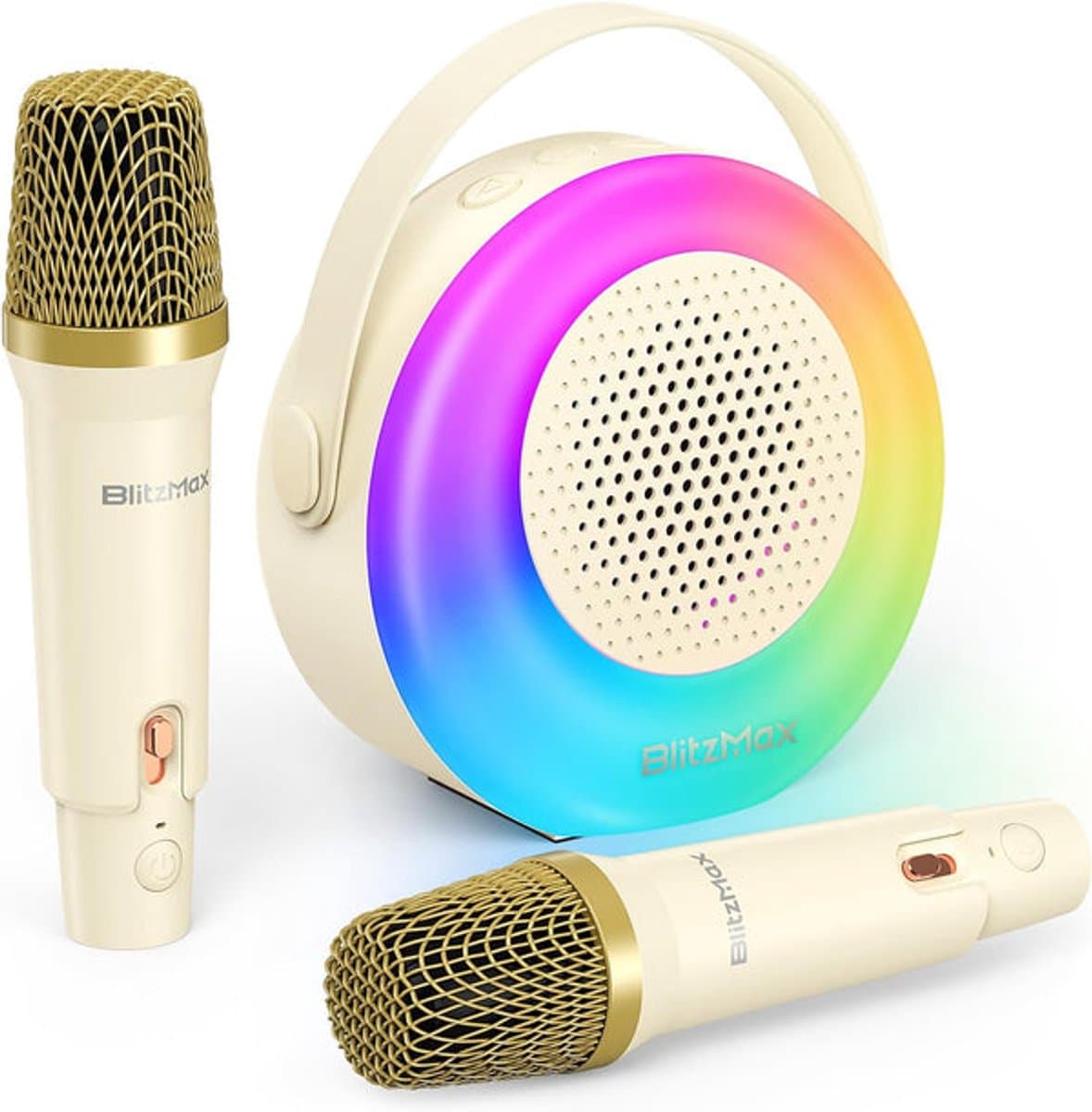 Karaoke-machine met 2 draadloze microfoons, Bluetooth-karaoke-luidspreker voor kinderen en volwassenen - Beige — afbeelding 1