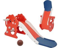 Glijbaan voor kinderen, opvouwbare kinderglijbaan klein met basketbalmand, rood