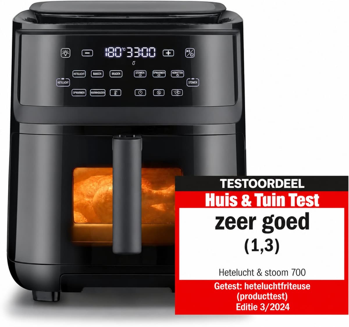 Airfryer met Stoomfunctie - 7 Liter - 1700 W - 10 Kookprogramma’s - 3-in-1 Bereiding - Touchscreen - Kijkvenster - Vaatwasserbestendige Onderdelen - Zwart — afbeelding 1
