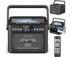 CD- en Cassettespeler met Bluetooth - Draagbare CD Radio - Bluetooth 5.1 - FM Radio - USB, SD & AUX - Oplaadbare 5000mAh Accu - Cassette Afspelen & Opnemen - Afstandsbediening - Zwart