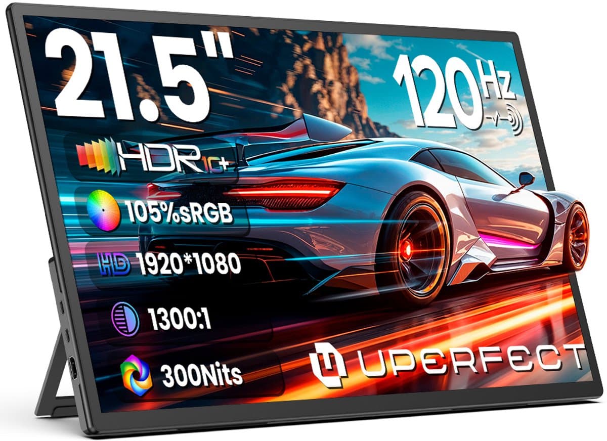 UPERFECT Draagbare monitor 21,5 inch 120 Hz gamingmonitor 1920 × 1080 FHD IPS USB-C & Mini-HDMI-poort met geïntegreerde standaard, tweede scherm voor laptop/telefoon/spelconsole, VESA-montage mogelijk — afbeelding 1