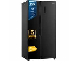 Heinner HSBS-HM532NFGBKE++ Amerikaanse Side-by-Side Koelkast – 532 L – No Frost – Smart Eco Functie – Snel Koelen – Deur-alarm – Zwart Glas – 5 Jaar Garantie