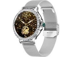 Knobbout Luxe Smartwatch voor Dames – Met Sprankelende Kristallen-1.3" Scherm IPS HD Touchscreen – Bluetooth 5.2 Bellen – Hartslag & Bloeddrukmeting – IP68 Waterdicht – Zilverkleurige Roestvrijsta