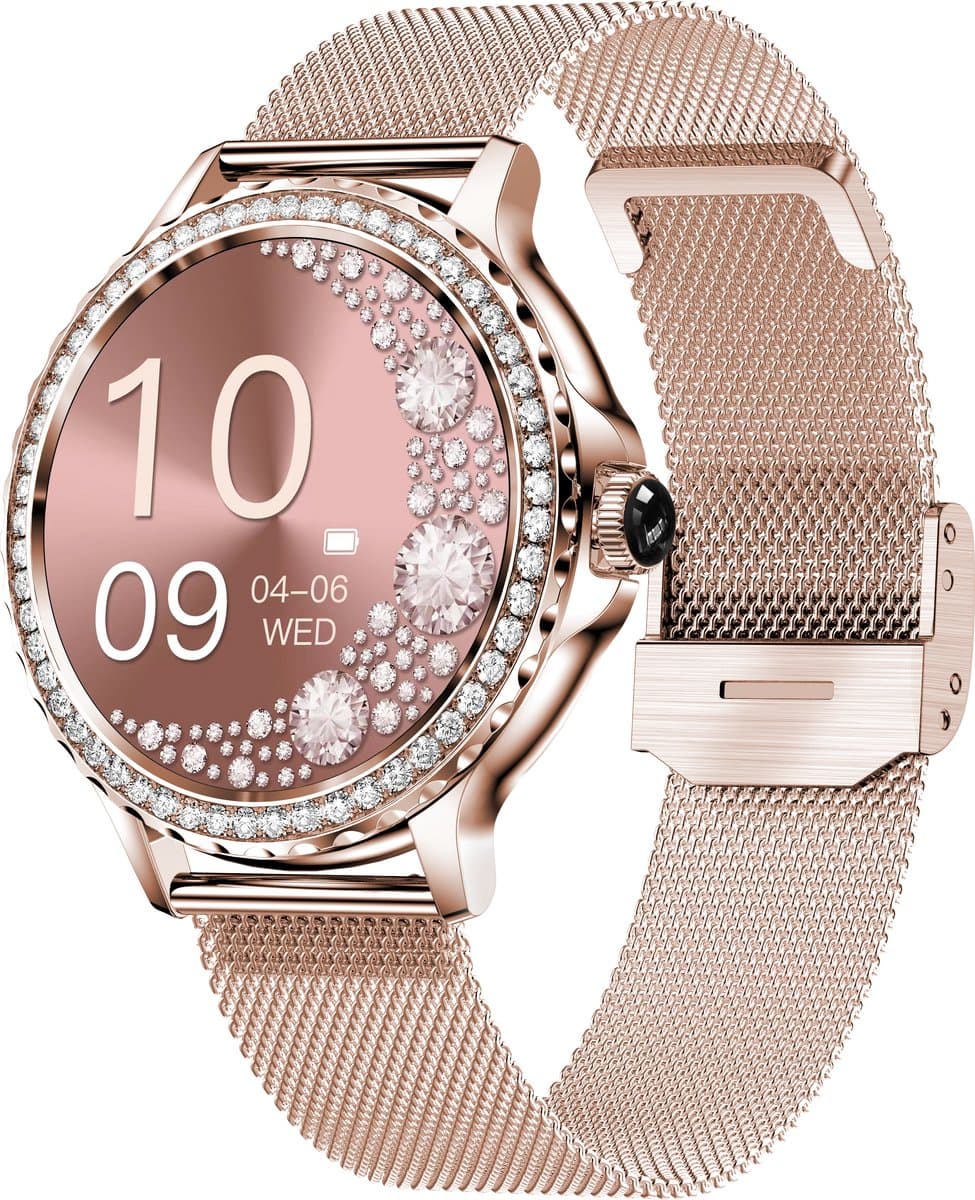 Knobbout Luxe Smartwatch voor Dames – Met Sprankelende Kristallen-1.3" IPS HD Touchscreen – Bluetooth 5.2 Bellen – Hartslag & Bloeddrukmeting – IP68 Waterdicht – Roségouden Roestvrijsta — afbeelding 1