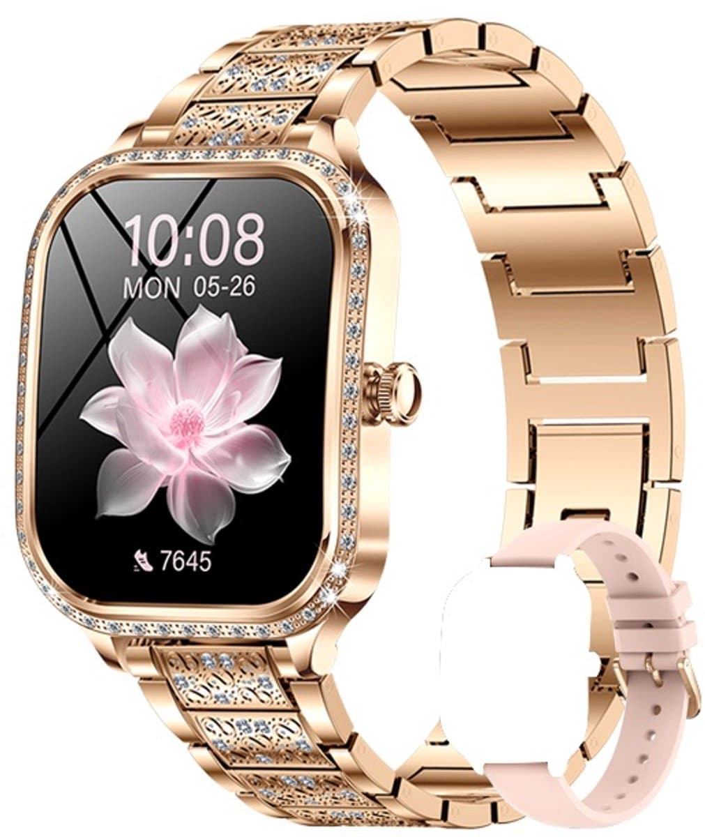 Knobbout 1,75 inch HD gebogen scherm smartwatch met ingelegde diamant - Slank, stijlvol en elegant design - Vrouwelijke gezondheidstracking - Bluetooth-belfunctie - Roségouden talen band met kristallen + extra siliconen band — afbeelding 1